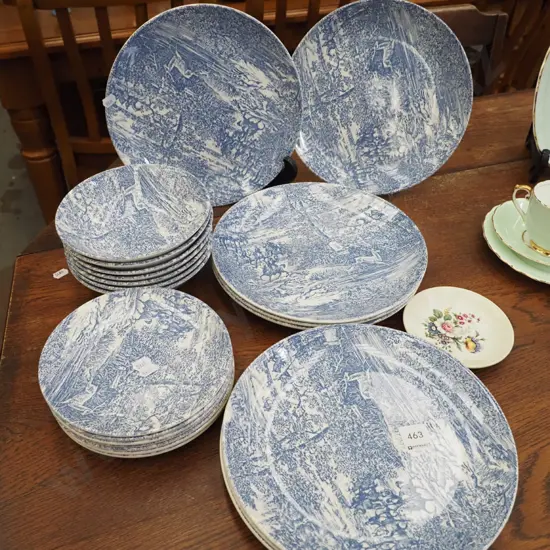 assorted Crown Lynn blue and white plates, bowls, posie pin dish