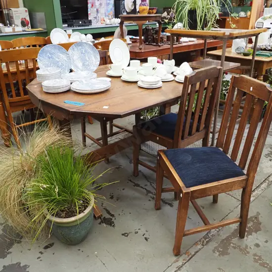 oak octagonal drop side dining table with 3  matching chairs H-790 W-1210 W-1040