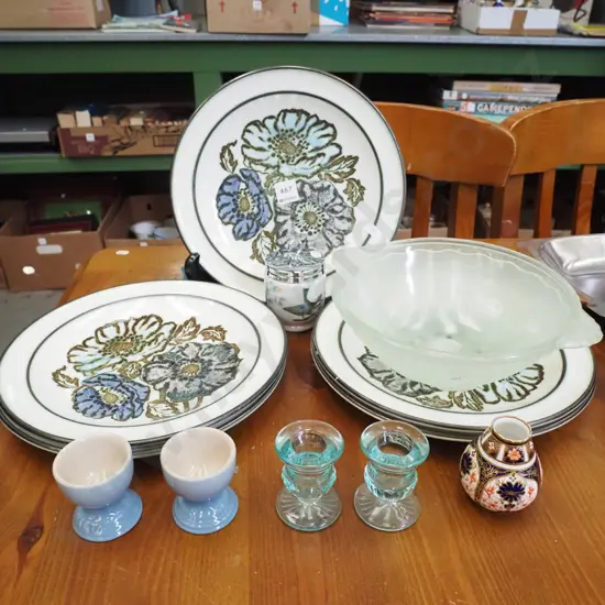 Wedgwood Iona dinner plates, green glass bowl, egg coddler etc