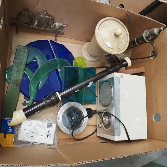 box; coloured glass, large recorder etc