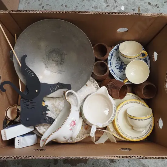 box; alloy bowl, wooden goblets, cake plate, cups, saucers etc