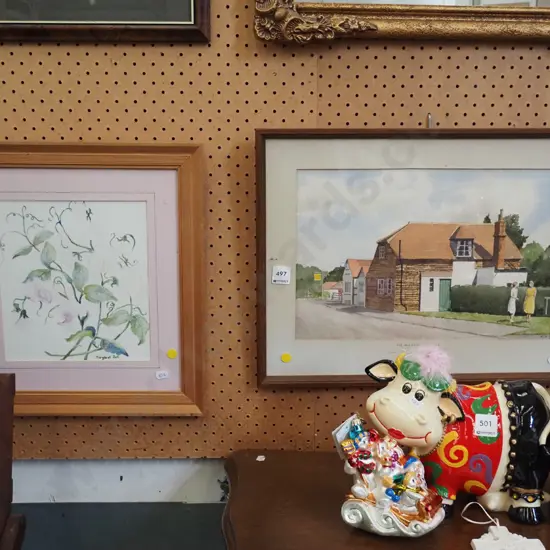 2x framed watercolours - yellow dots