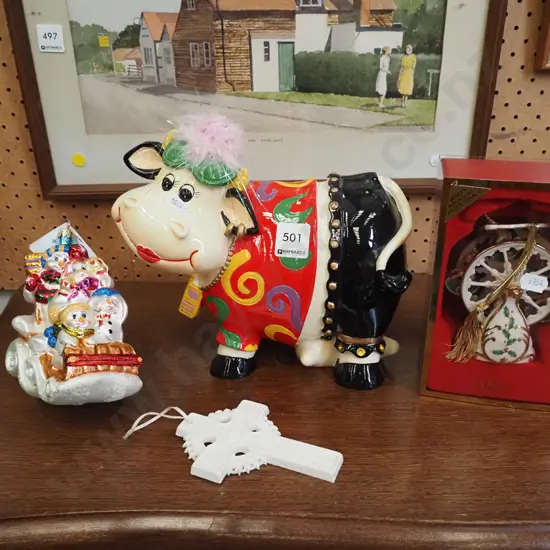 ceramic cow, 2x Xmas tree decorations