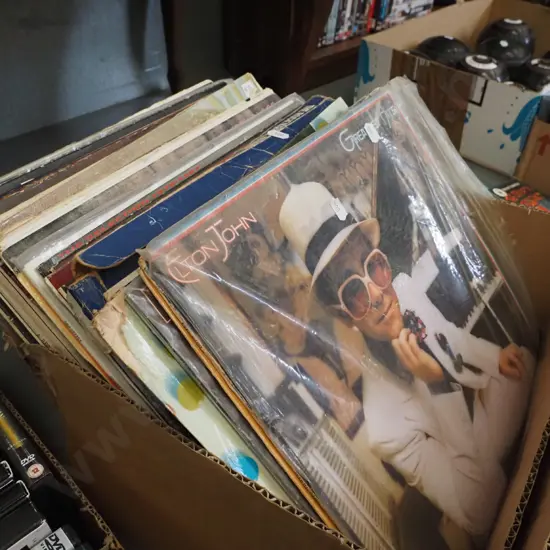 box of LPs; Elton John, Fred Dagg, Mark Knopfler etc