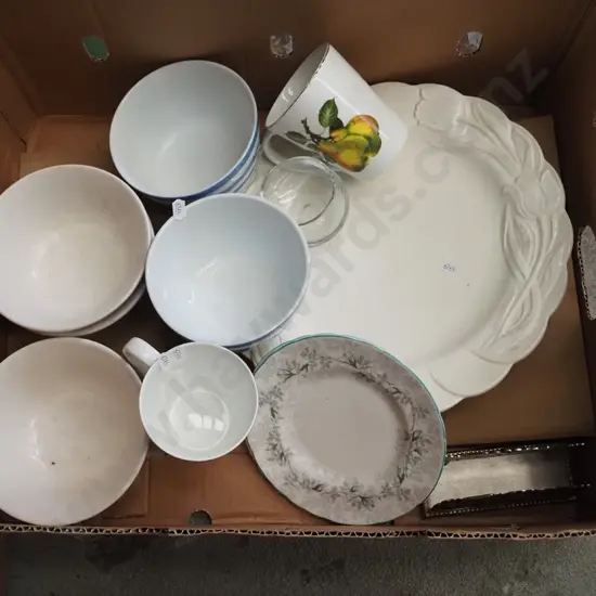 box; blue and white striped bowls, coffee cups, large plate etc
