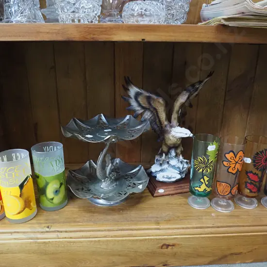 drinks tumblers, eagle figurine, mermaid themed cake stand etc