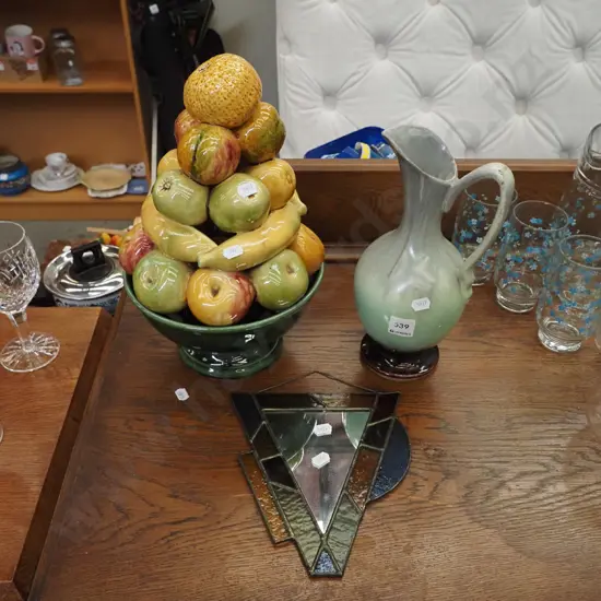 German pottery ewer vase, ceramic fruit and bowl, leadlight mirror
