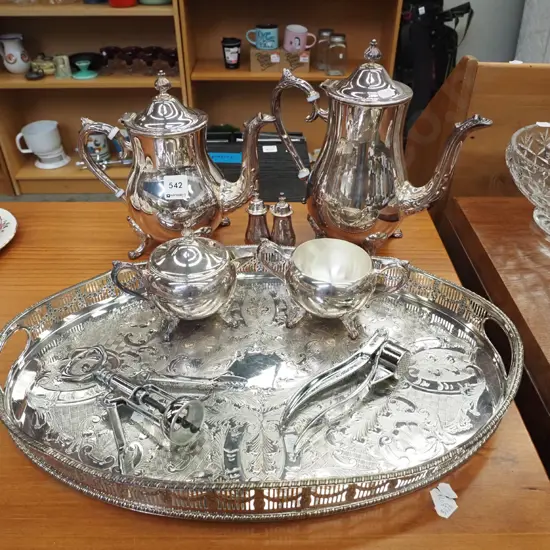 plated teapot,coffee pot, creamer, sugar, tray etc