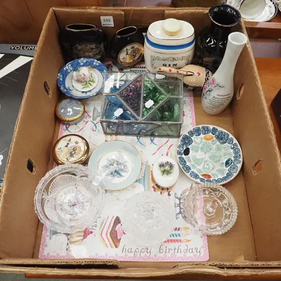 box; vases, polished leadlight trinket box, cut crystal ring dish etc