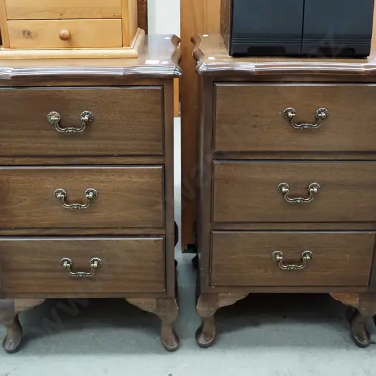 pair of mahogany and mdf 3 drawer bedside cabinets