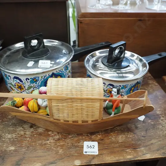 2x retro enamel pots - has burnt interior, retro model boat