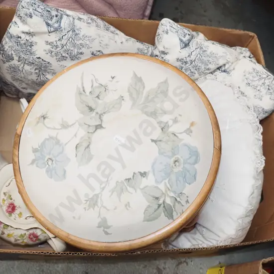 box; footstool (stains), cushions, tea pot etc