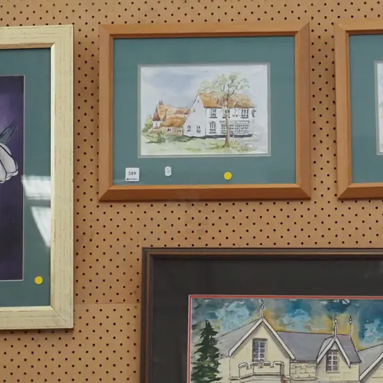 framed acrylic, 2x framed pencils and watercolours - yellow dots