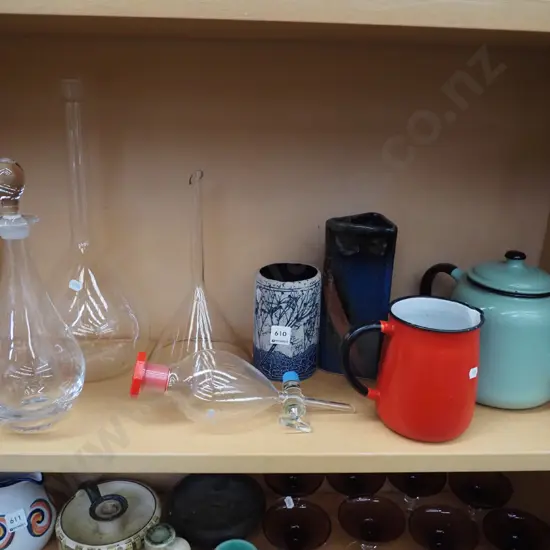 lab glass ware, enamel tea pot, jug, decanter etc