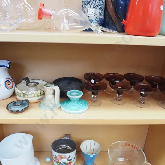 shelf; unusual clear and smoked glass champagne glasses, bowl, jug etc