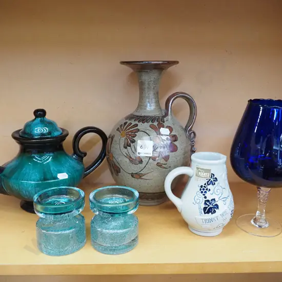 blue glass goblet, candlesticks etc