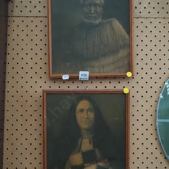 2x Maori portrait prints - fading and staining - yellow dots