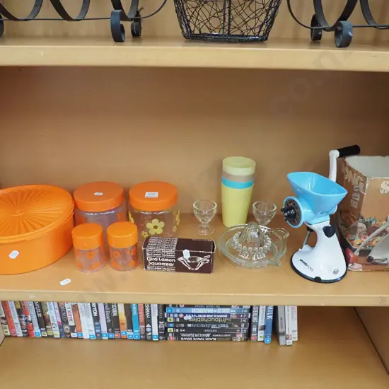 shelf; retro  stroage canisters, cups, benchtop mincer etc