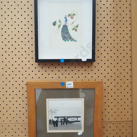 2x framed small needleworks - blue dots