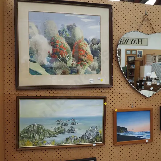 2x framed oils - seascape, framed watercolour - yellow dots