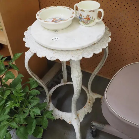 cast iron 2 tier wine table with marble top - needs attention