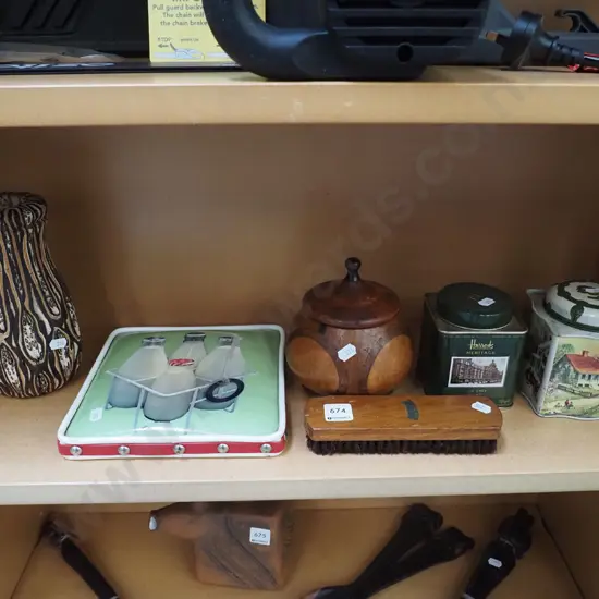 tea tins, turned punga vase etc