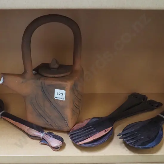 pottery tea pot, 3x sets of souvenir salad servers