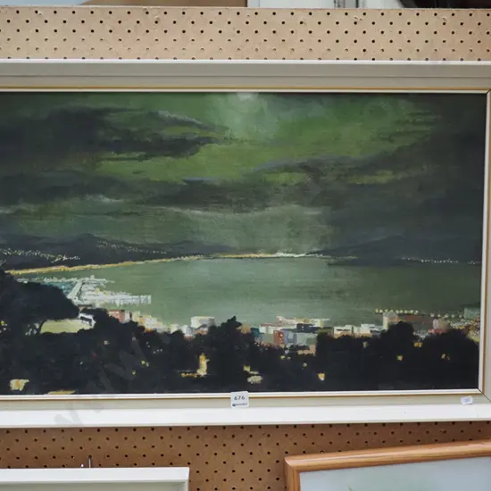 framed oil- harbour scene
