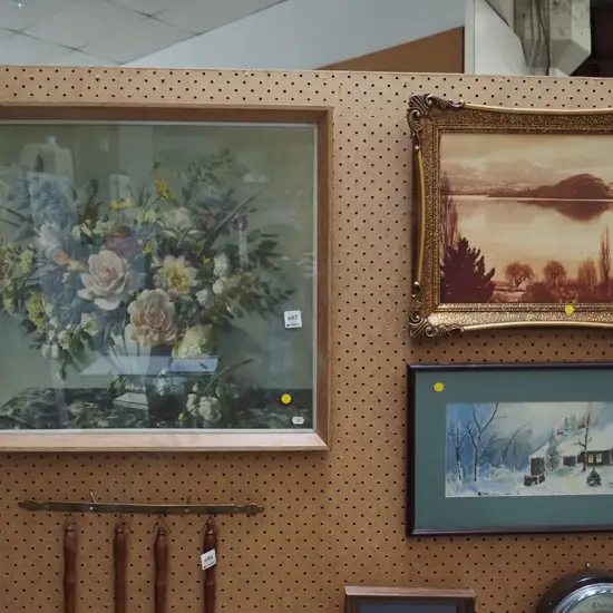 framed photograph (fading) - lake scene, watercolour - house in snow, Vernon Ward print - yellow dots