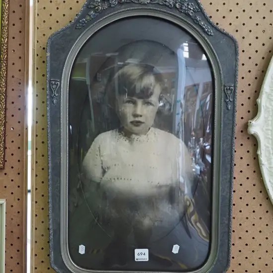 vintage beaten pewter framed convex glass photographic portrait - young girl
