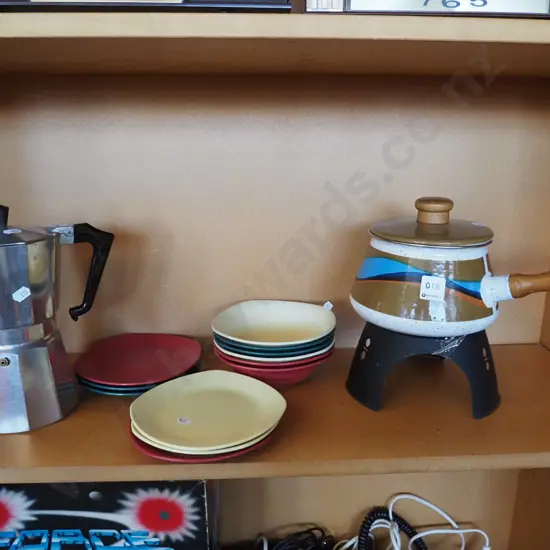 fondu pot, plastic bowls, stove top espresso maker