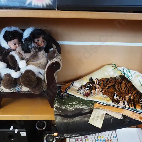 2x First Nations dolls, dolls chair, fabric tiger print