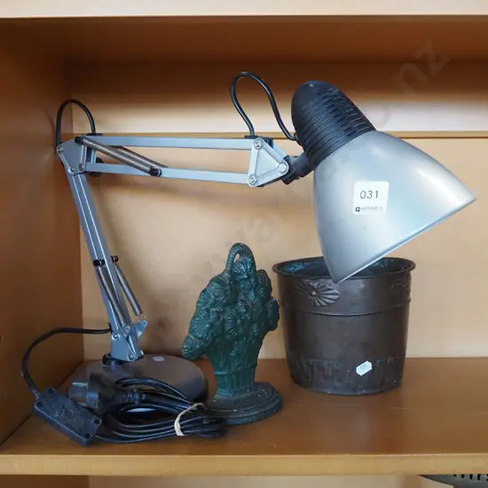 copper jardiniere, cast iron door step, anglepoise lamp