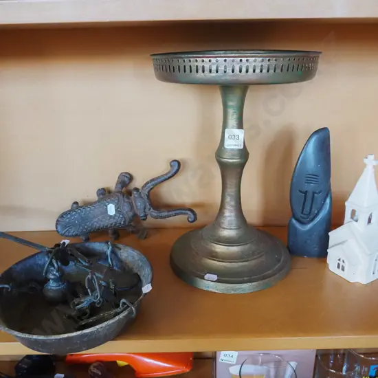 large metal comport, candle lanterns, balance scales etc