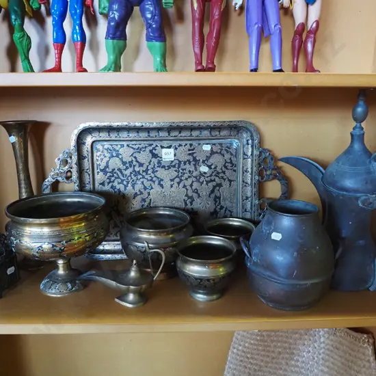 shelf of brass and copper items; tray, coffee pots etc