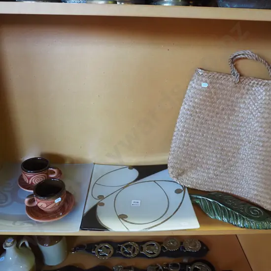 2x art glass square platters, pottery Maori motif cups, kete etc
