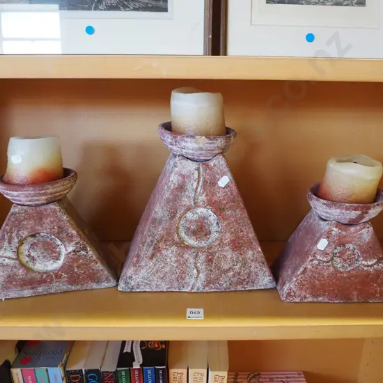 3x pyramid themed candlesticks, large candles