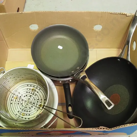 box; pots, pans, colander