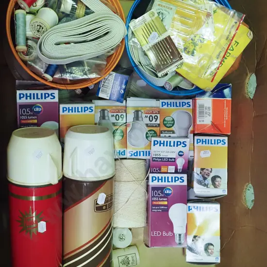 box; as-new light bulbs, 2x tubs of assorted sewing accessories, thermoses etc