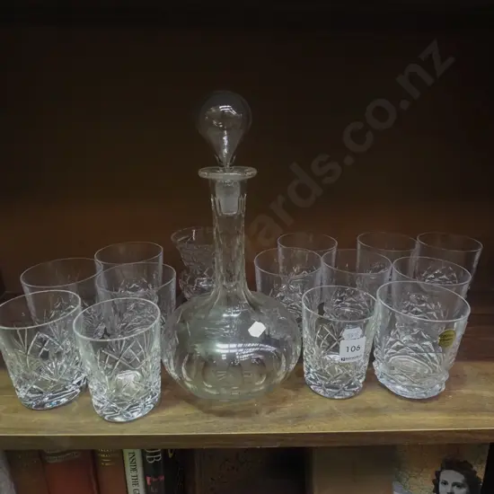 stoppered decanter,vase, cut crystal whisky tumblers