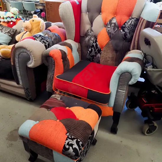modern patchwork deep buttoned wingback armchair with matching footstool - excellent condition