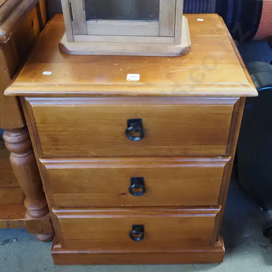 solid pine 3 drawer bedside cabinet - varnish needs attention
