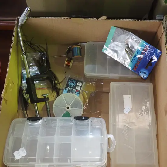 box; tackle boxes, soft baits, fly tieing stand etc