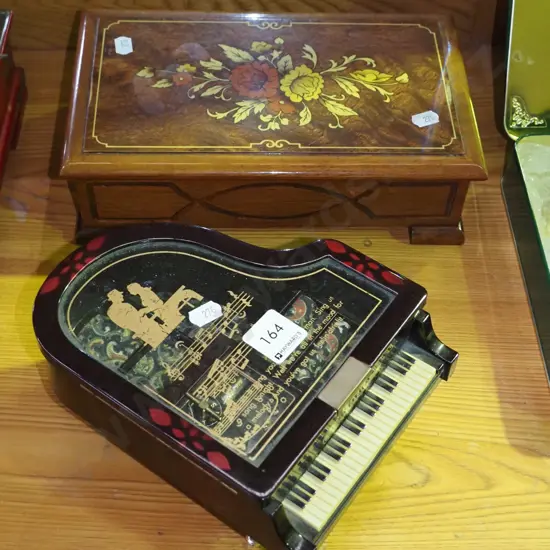 piano themed jewellery box, one other jewellery box