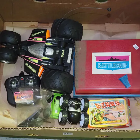 box; battleship game, toy vehicles, Japanese wooden blocks etc