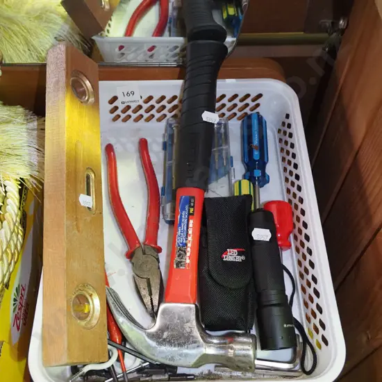 plastic tray of hand tools; pliers, hammers etc