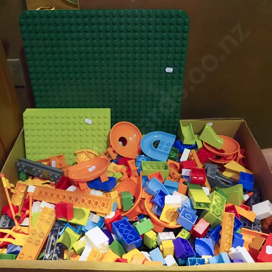box of Duplo, Duplo-compatible marble run pieces, etc.