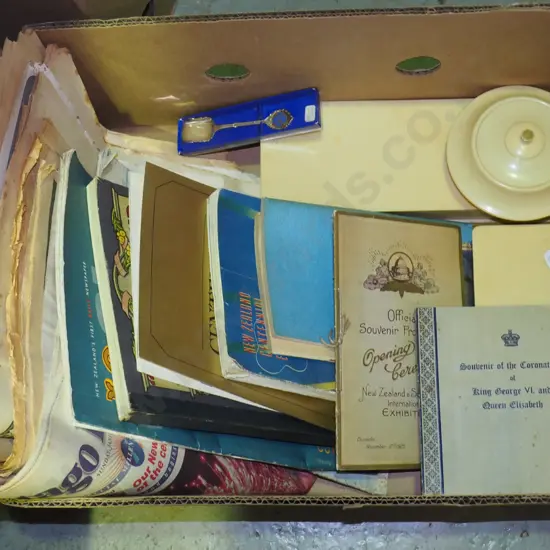 vintage plastic trinket boxes, various newspapers, programmes etc