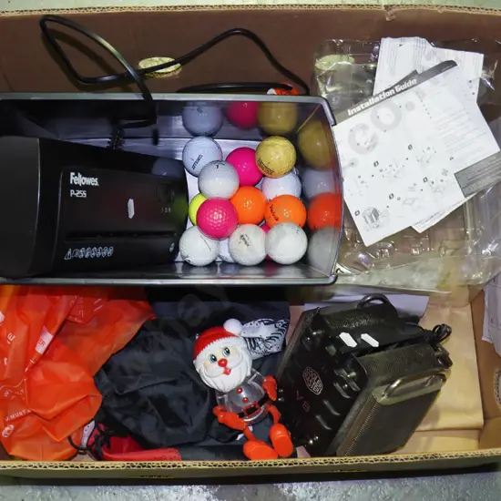 box; document shreader, golf balls, santa figurine etc