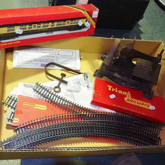 box; Triang railway tracks, train carriage, vintage miniature sewing machine